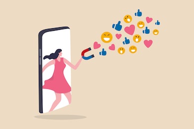 influencer marketing, digital social media for marketing campaign or advertising concept, beautiful teenage lady stand out from mobile smartphone using magnet to draw social media emoji interaction.