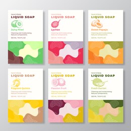 liquid soap label templates collection. abstract shapes camo background vector covers set. cosmetics packaging design bundle. hand drawn exotic fruits sketches. isolated.