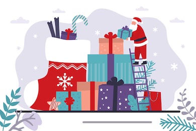 santa claus deliver gifts. big red sock with presents. christmas eve background . xmas and new year celebration, horizontal banner. december holidays. funny new year card. trendy vector illustration