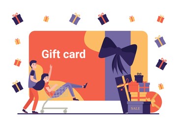gift card and promotion. happy people doing online shopping with discount coupon and gift certificate. man and woman characters. flat concept isolated illustration on white background.