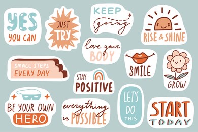 motivational patches collection. stickers, badges, prints for kids with quotes, doodles and lettering. yes you can, stay positive, smile. cute cartoon vector. flat style inspirational illustrations