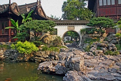 photo of  yuyuan garden in shanghai with moon gate, pavilions and rocks, stylized and filtered to resemble an oil painting.