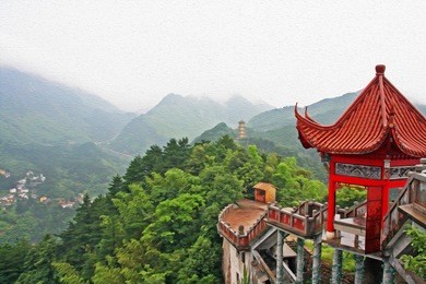 photo of generic chinese landscape with red pavilion, misty mountains and golden pagoda in the distance, stylized and filtered to look like an oil painting. location - jiuhua shan, anhui province. 
