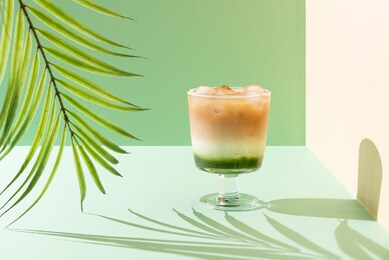 matcha espresso. trendy coffee drink with spirulina. green tea coffee, matcha green tea with milk and coffee on green background with a leaf. menu, recipe. side view, copy space for text