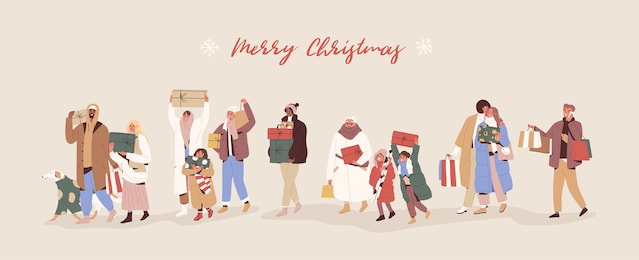 horizontal banner with happy people walking and carrying wrapped gift boxes and merry christmas inscription. men and women preparing presents for xmas and new year. colorful flat vector illustration