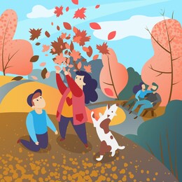 family in autumn park, vector illustration of happy family in autumn on walk around the city, mom, dad, son, daughter with dog relax and have fun in park. kids playing with autumn leaves. landscape 