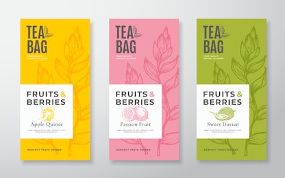 exotic fruits tea labels set. vector packaging design layouts bundle. modern typography, hand drawn tea leaves, quince, passion fruit and durian silhouettes background. beverage banners. isolated.