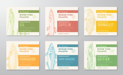 premium quality fish fillets labels collection. abstract vector fish packaging design or cards set. modern typography and hand drawn fishes silhouette background layouts. with soft shadows.