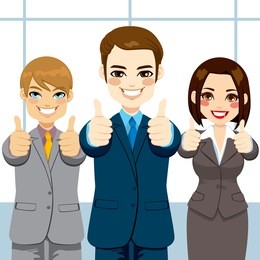 three business people making thumbs up hand sign on an office smiling happy