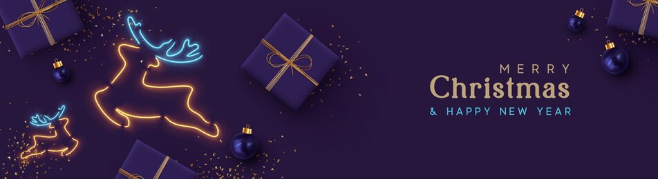 christmas website header or banner, holiday poster. xmas background realistic gift box, bauble ball, glitter gold confetti, deer symbol neon light effect. horizontal composition. vector illustration