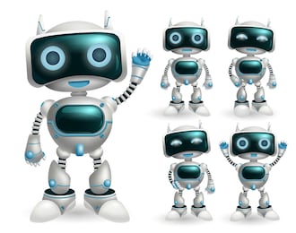robot vector character set. robotic characters in standing pose and gestures in modern design for toy robots game cartoon collection. vector illustration.