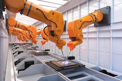 automation industry concept with 3d rendering robot assembly line in  factory