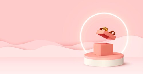 pink 3d podium studio. abstract modern stylish realistic design round stand with open gift box, neon light ring. background for birthday, anniversary, sale, wedding. web banner. vector illustration