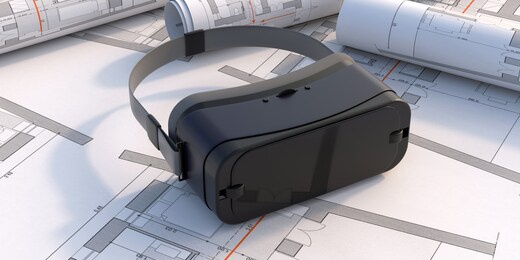 construction project, virtual reality concept. vr glasses on blueprint plans background. 3d illustration