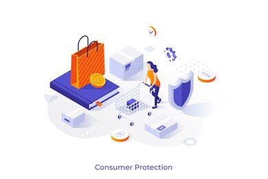 concept template with woman customer or buyer with shopping cart, shield, book. scene for legal or governmental protection of consumer rights. modern isometric vector illustration for website.