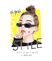 style slogan with cartoon girl hair bun in sunglasses illustration