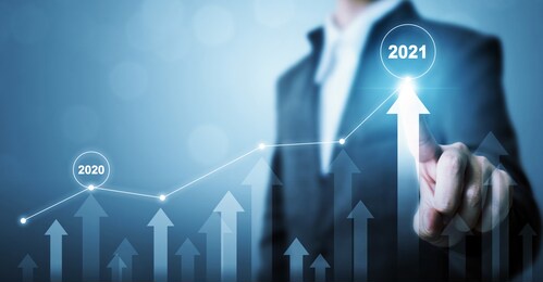 businessman pointing arrow graph corporate future growth plan. business development to success and growing growth year 2020 to 2021 concept