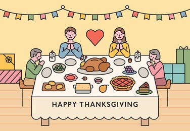 families are sitting around a table on thanksgiving and praying. flat design style minimal vector illustration.