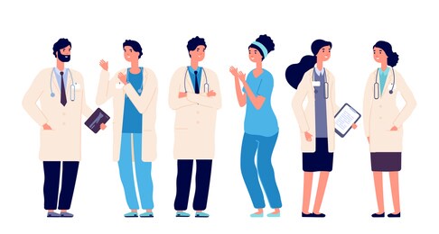 doctors team. medical staff doctor nurse therapist surgeon professional hospital workers, group of medics, cartoon characters
