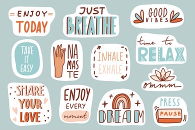 yoga, mindfulness patches collection. stickers, badges, prints with quotes, doodles and lettering. relax, breathe, namaste, enjoy, dream. cute cartoon vector. flat style inspirational illustration