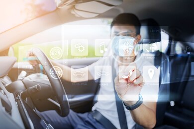 hud head up display and digital instruments panel autonomous car dashboard user interface navigation driving utility wearing surgical facemask finger touching graphical screen smart technology control