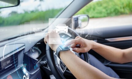 hud head up display and digital instruments panel autonomous car using smart watch connection user interface navigation driving utility closeup hands on steering wheel, screen smart technology control
