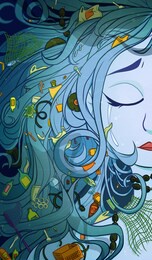 illustration of ocean or sea as a woman, mother nature in danger. plastic pollution, bottles, fish nets, containers, bags. industrial water contamination. protect marine environment.