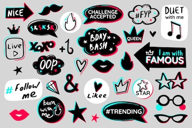 teen party glitch props set. modern music social media style. birthday photo booth props celebration design icon. black blue pink sticker pack.