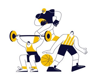 sports concept with athletes in yellow on white. different male and female sportsmen isolated. flat art vector illustration
