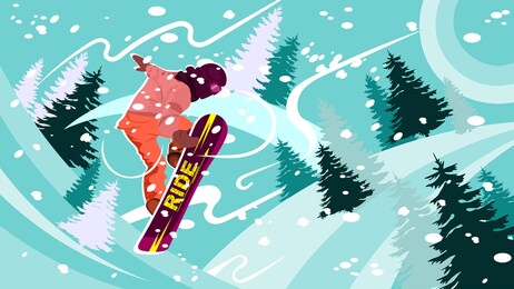 jump of snowboarder against the background of snow-covered mountain landscape. hand drawing vector illustration. can be used for poster, avatar, social media, background, cover.