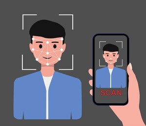 face id, face recognition, biometric identification, personal verification, identity detection. 3d face scanner with a smartphone. vector illustration.