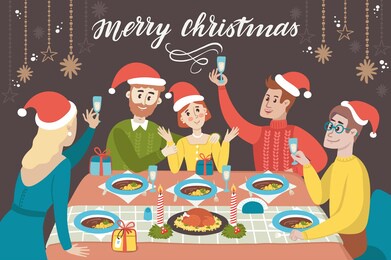 vector colorful illustration with christmas food on the table. company of people celebrating at festive table. family eating together. happy new year, merry christmas,  feast, banquet
