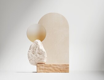 3d wood podium display on white background. pastel beige art deco arch. cosmetic, beauty product promotion wooden, rock pedestal.  natural stone and glass showcase. abstract minimal studio 3d render