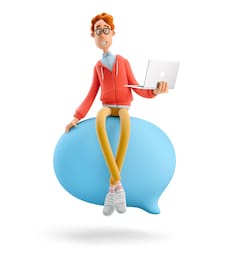 social media concept. nerd larry sits on a bubble talk. 3d illustration.