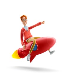innovation and startup concept. nerd larry is flying on a rocket. 3d illustration.