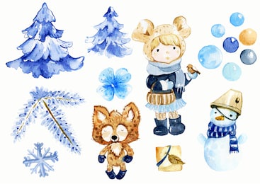 bright set of watercolor winter holiday elements: fox, snowman, girl, snowballs, fir-tree. Сhildren illustrations, perfect for greeting cards, fingerprints on t-shirts, phone cases, books and other