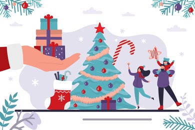 santa claus hand gives gifts. happy family near traditional xmas tree, christmas celebration. new year, winter holidays, horizontal banner. boxing day. flat vector illustration