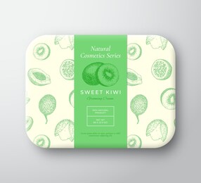 kiwi bath cosmetics package box. abstract vector wrapped paper container with label cover. packaging design. modern typography and hand drawn exotic fruits background pattern layout. isolated.