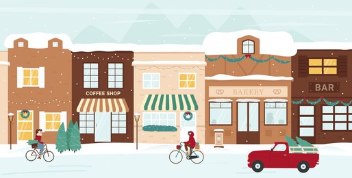 winter city street vector illustration. cartoon christmas eve cityscape with festive decorated shops and cafe houses under snow, cyclists and cars carrying decor christmas trees and gifts background