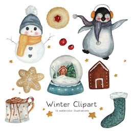 winter clipart illustration. cute penguin, snowman, snow globe, cookies, gingerbread house, hot chocolate, candy, sock, berry, and stars