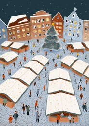 christmas fair, winter fair, holiday fair, people in the winter, holiday, winter street, winter night, a lot of people, christmas illustration, christmas card, holiday presents, gifts, christmas tree