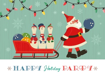 happy holiday party flat vector greeting. cute santa, pins in elves hats cartoon. christmas holiday season bowling parties invitation background. new year eve celebration banner template illustration