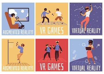 virtual reality poster set - vr and augmented reality game players wearing glasses and holding playing equipment in 3d space, vector illustration of people gaming.
