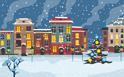 christmas town. happy new year and merry christmas winter old town street. christmas town city panorama. holidays. snow winter city landscape. vector illustration in flat style.