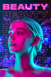 close up, looks inspired. beauty and fashion concept, trendy neoned poster with beautiful caucasian woman. colorful neon light and gradient background. modern design. contemporary art collage.