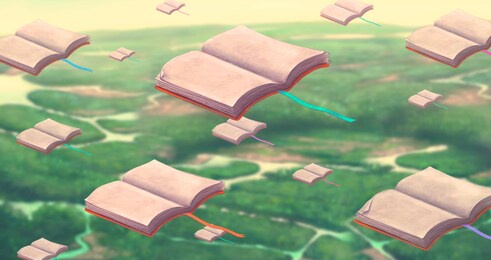 education dream and learning concept, imagination of flying books in sky, surreal artwork, conceptual painting illustration	
