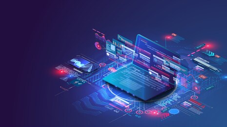 application of isometric laptop with business graph and analytics data. analysis trends and software development coding process concept. programming, testing cross platform code.programming or coding
