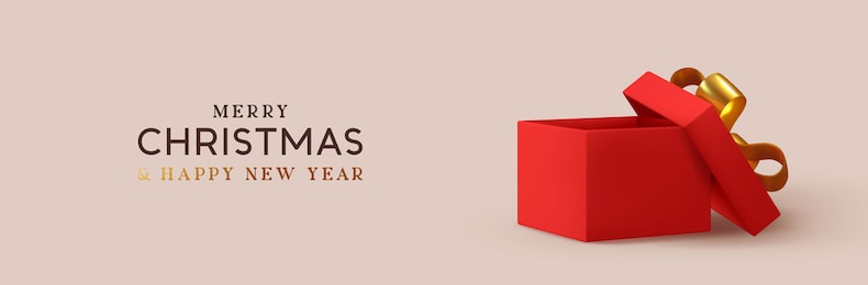 christmas empty open gift box template. xmas design realistic decorative objects. sale banner, surprise poster, flyer and brochure. mock up holiday. celebrate birthday, anniversary, wedding.