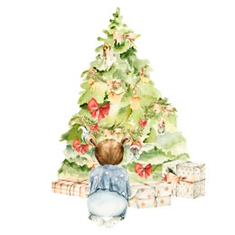 watercolor winter christmas clipart. hand painted new year fir tree, cute baby girl, christmas presents.home family illustration for design, print, background