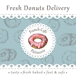 donuts vintage banner or poster with lacy cut on blue. homemade pastry delivery leaflet template. baking label. retro sketch, engraved illustration. doughnuts flyer for bakery shop, cafe, restaurant.